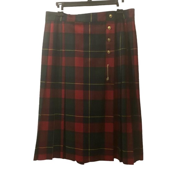 NYGARD COLLECTION Red Wool Tartan Wrap Skirt Plaid Gold Button 12 - Picture 7 of 14